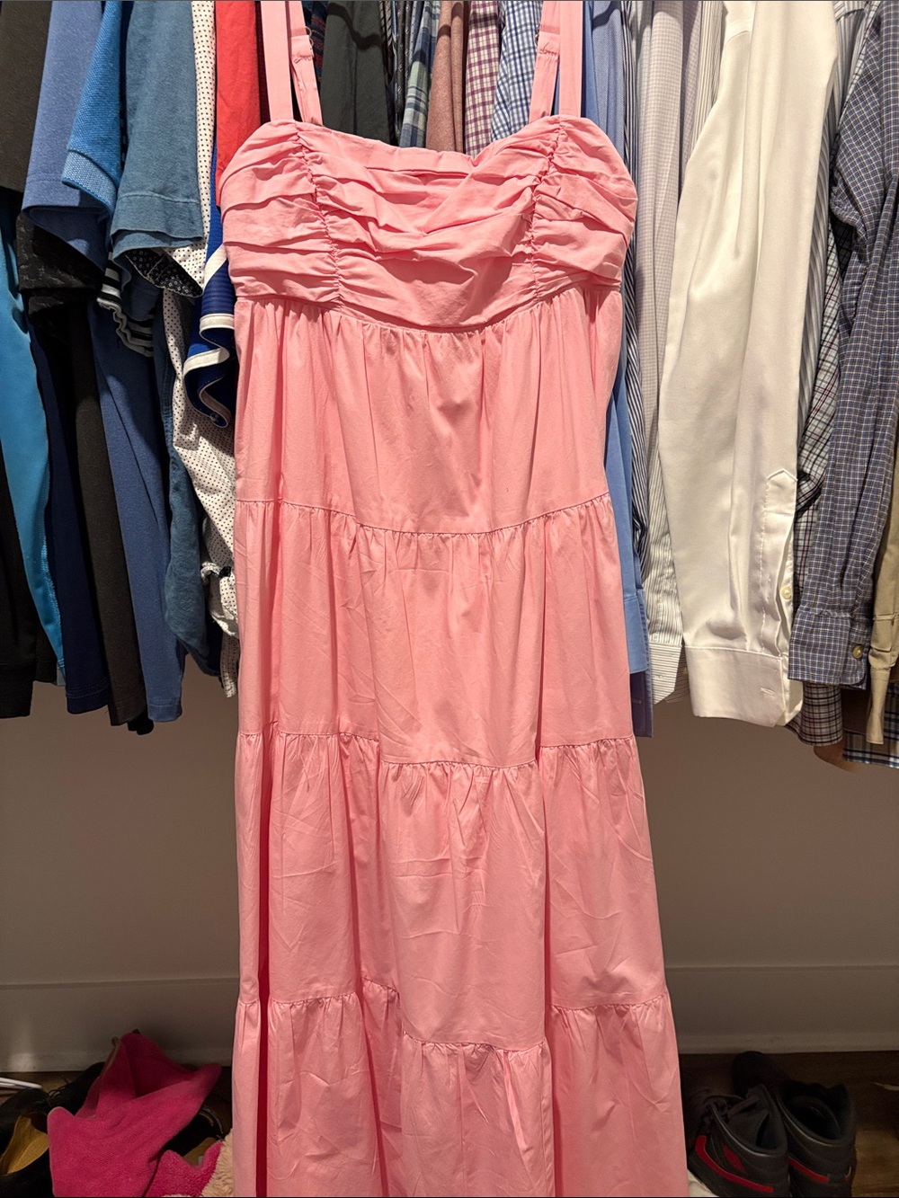 Hello Molly Pink Tiered Maxi Dress with Ruched Bodice